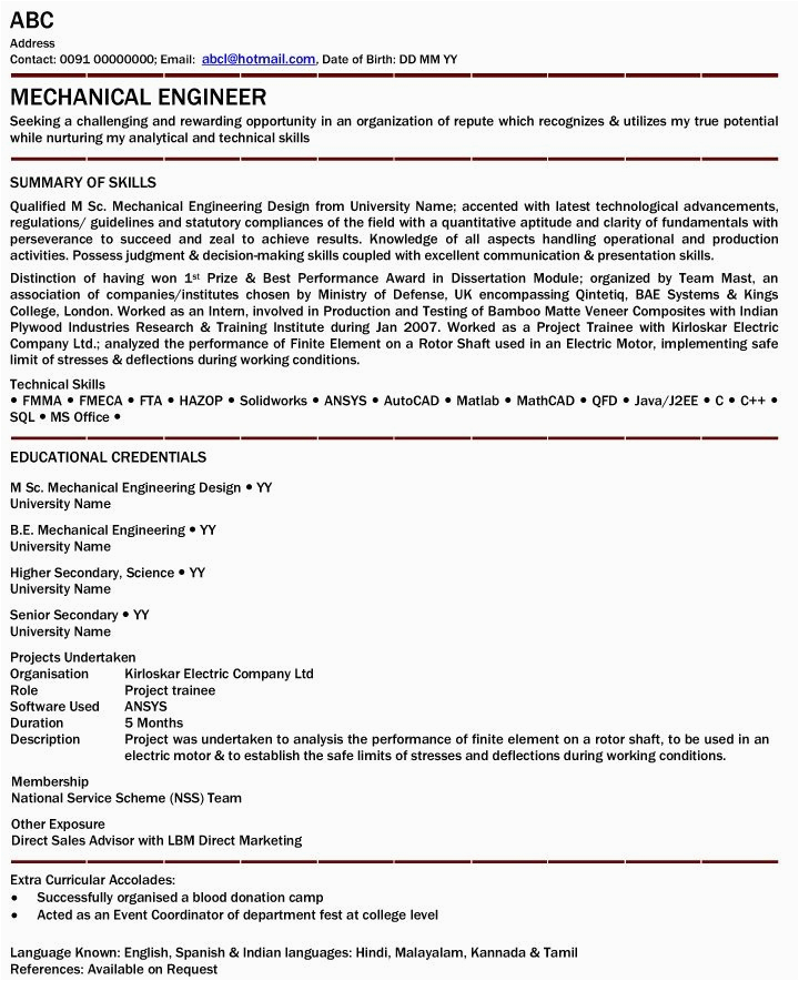 Sample Resume for Industrial Engineer Fresher Cv Sample for Engineering Freshers Engineering Resume
