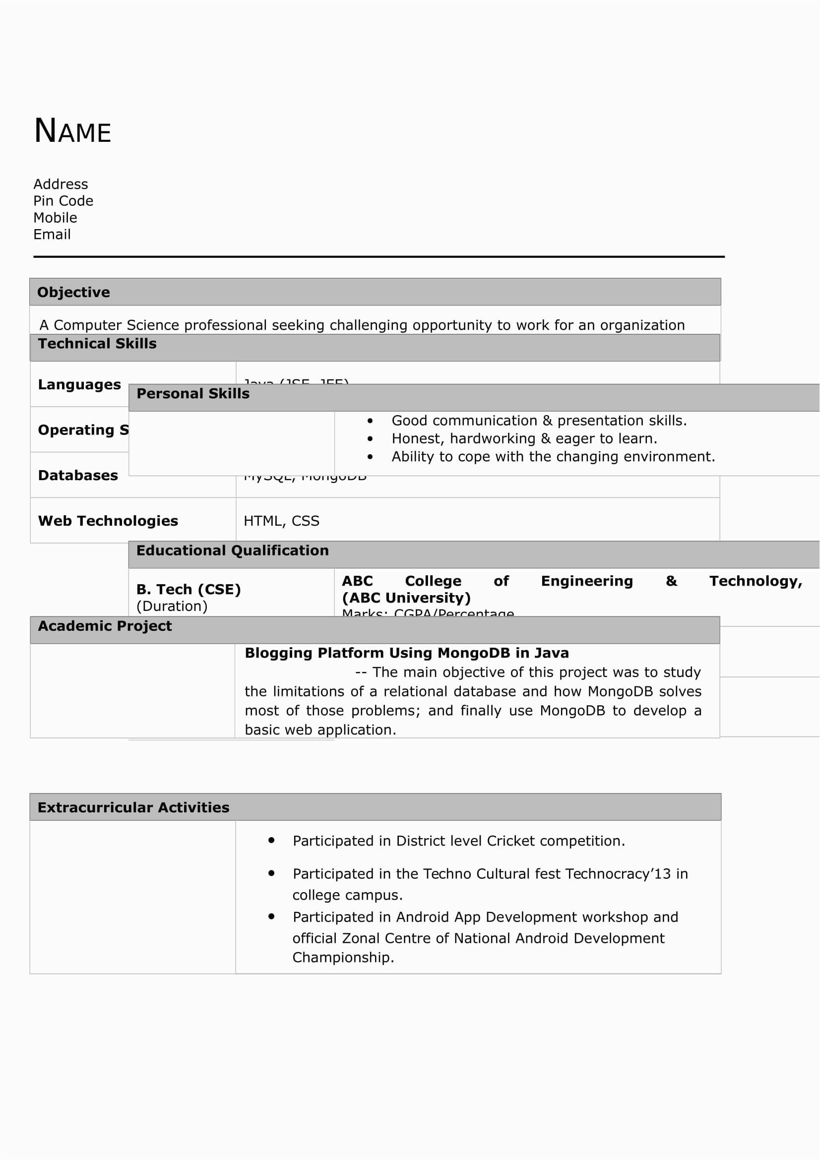 Sample Resume for Industrial Engineer Fresher Resume for Mechanical Engineer Fresher In Word format
