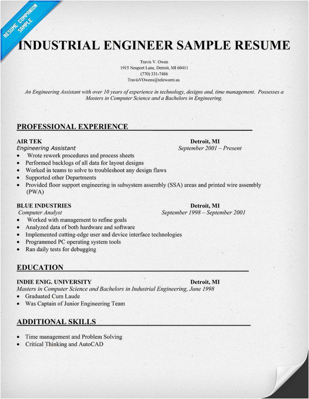 Sample Resume for Industrial Engineering Students Industrial Engineer Sample Resume Resume Panion