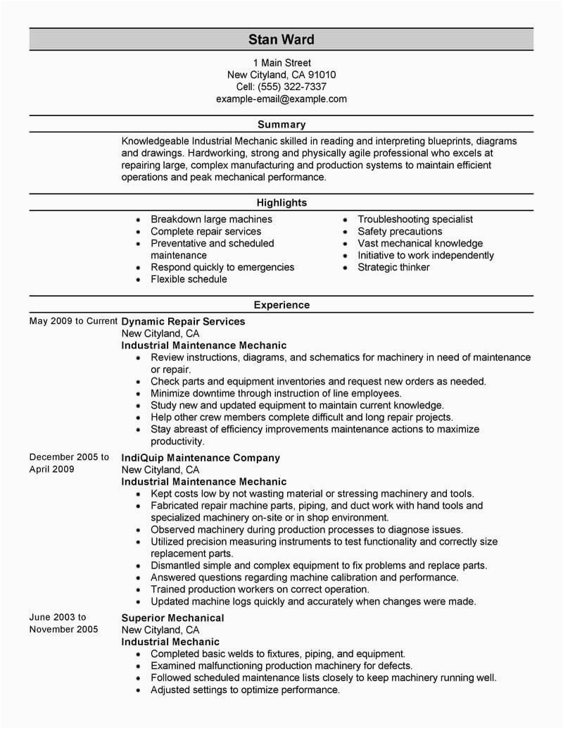 Sample Resume for Industrial Maintenance Technician Best Industrial Maintenance Mechanic Resume Example From