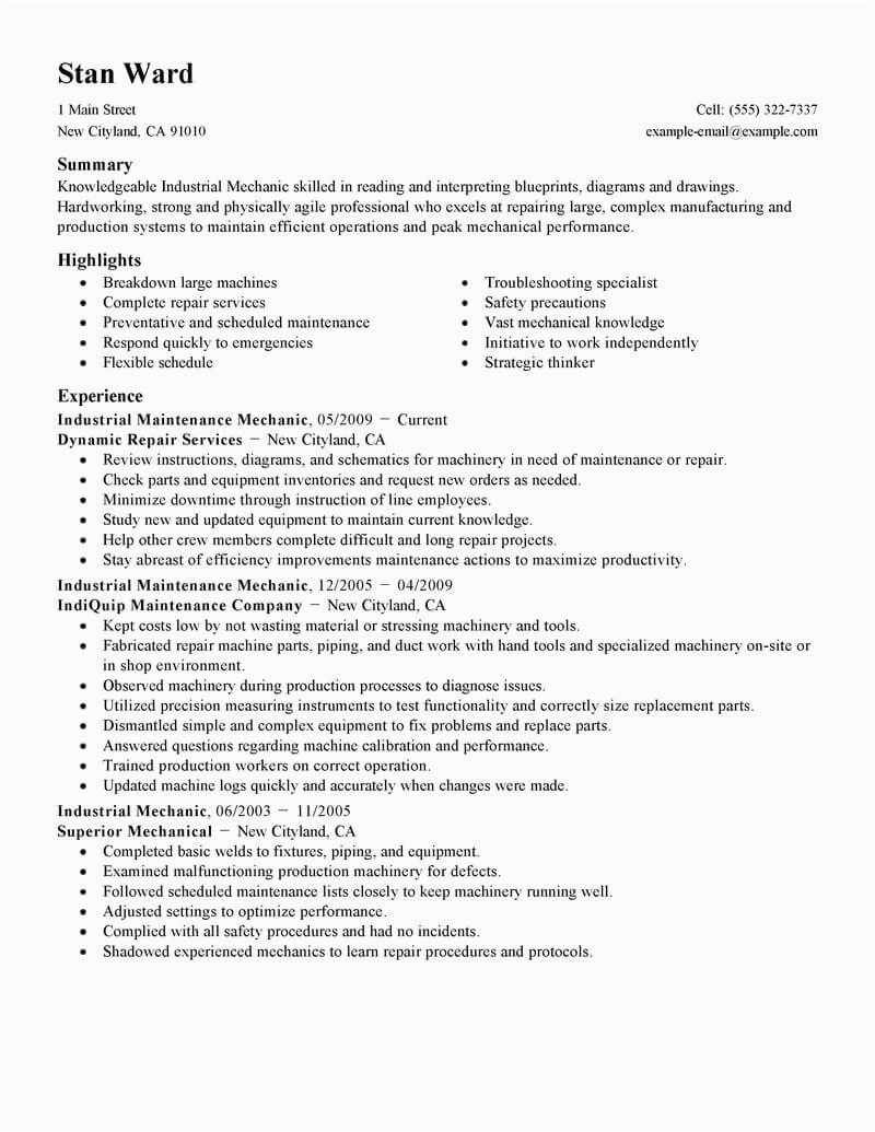 Sample Resume for Industrial Maintenance Technician Best Industrial Maintenance Mechanic Resume Example