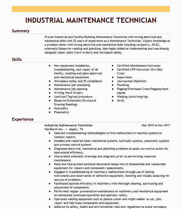 Sample Resume for Industrial Maintenance Technician Industrial Maintenance Technician Resume Example Jw