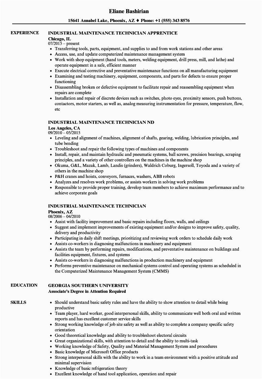 Sample Resume for Industrial Maintenance Technician Industrial Maintenance Technician Resume Samples