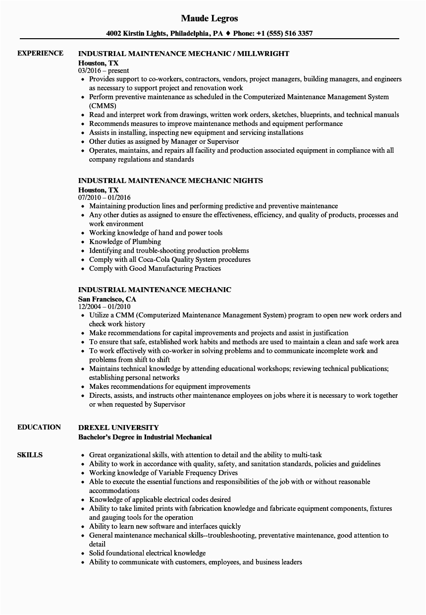 Sample Resume for Industrial Maintenance Technician Maintenance Mechanic Resume