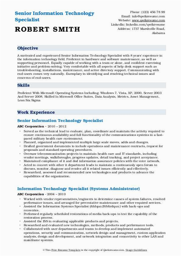 Sample Resume for Information Technology Specialist Information Technology Specialist Resume Samples