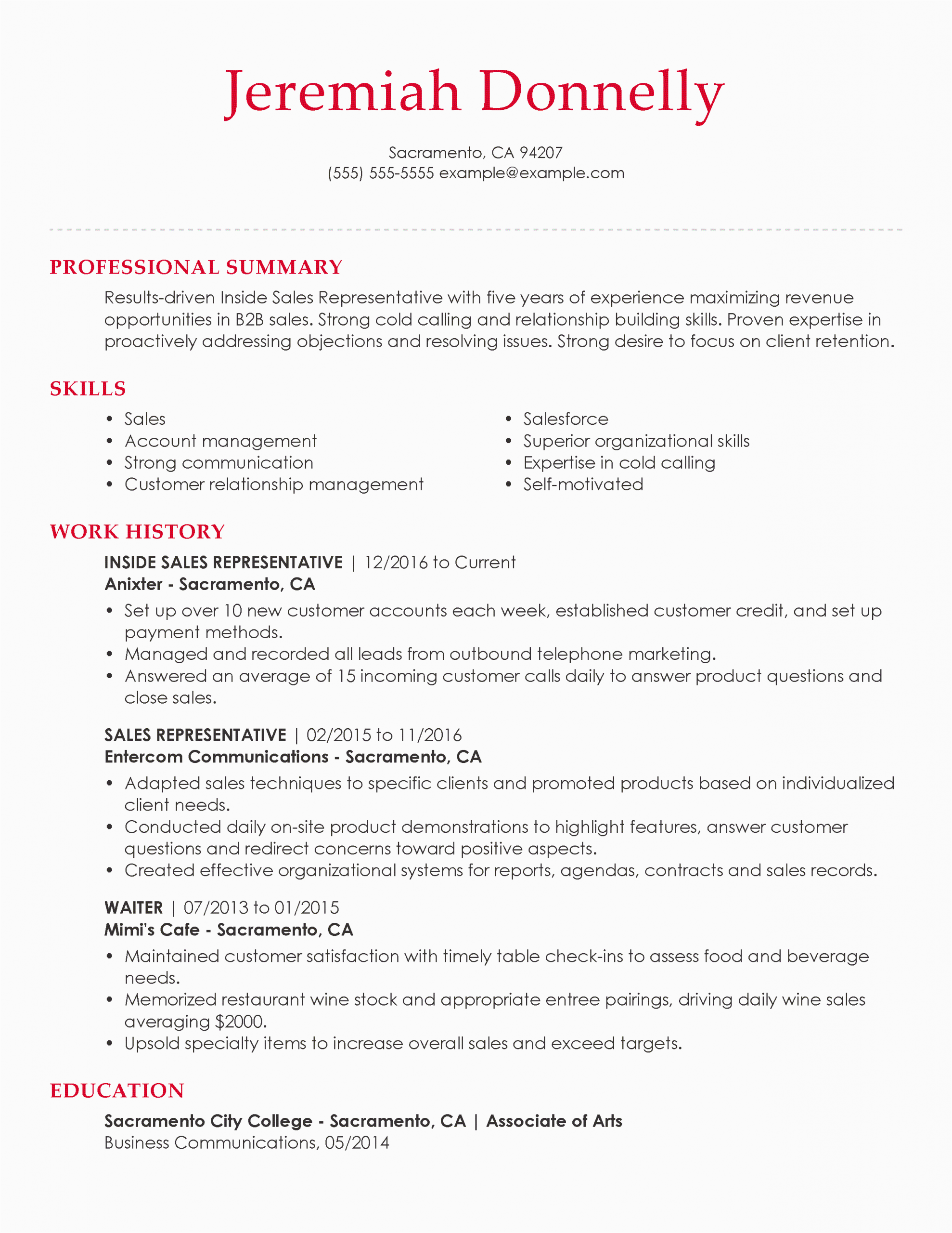 Sample Resume for Inside Sales Position Inside Sales Representative Resume Example