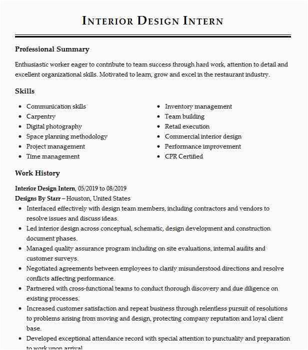 Sample Resume for Interior Design Internship Interior Design Intern Resume Example andria Design