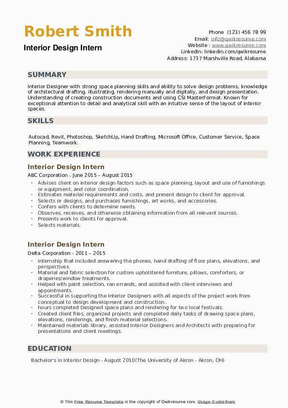 Sample Resume for Interior Design Internship Interior Design Intern Resume Samples
