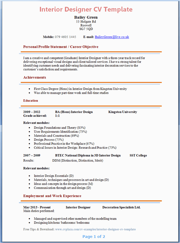 Sample Resume for Interior Designer Fresher Interior Design Resume format for Fresher Pdf Best