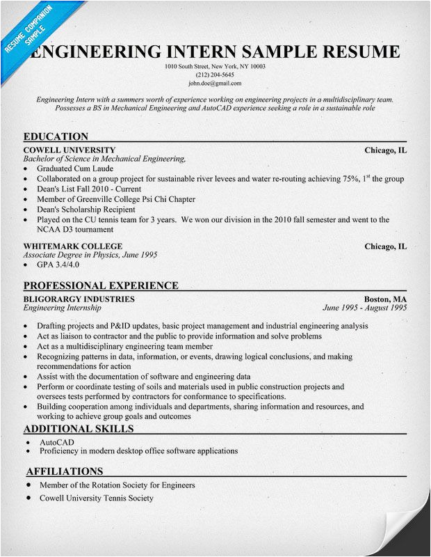 Sample Resume for Internship Engineering Student Engineering Intern Resume Example Resume Panion
