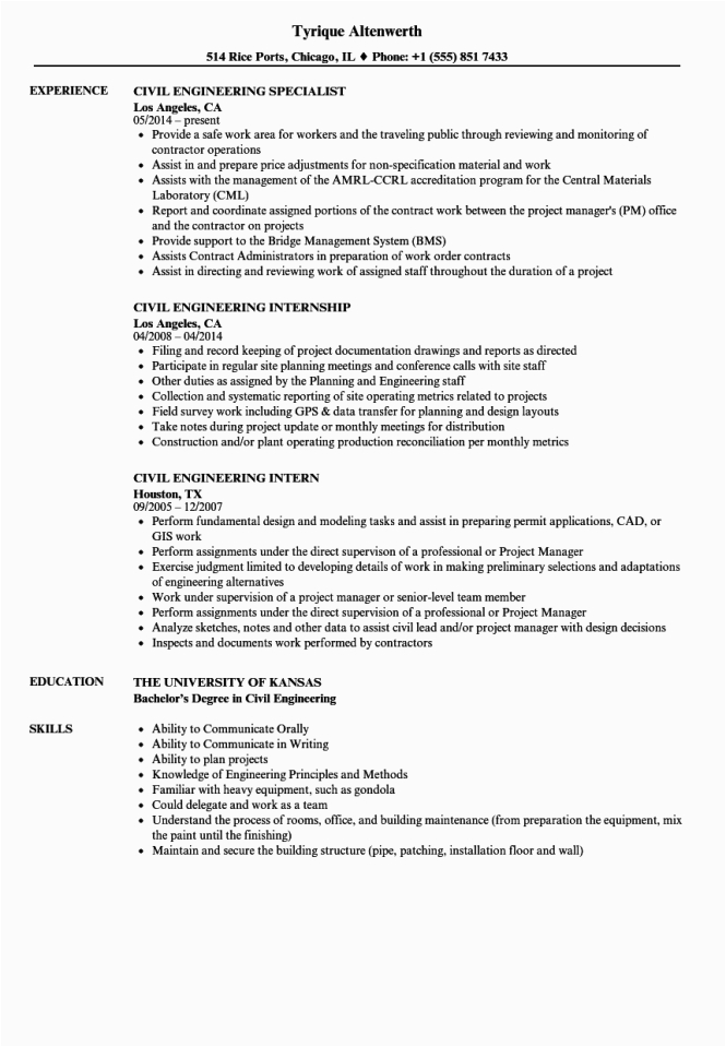 Sample Resume for Internship In Civil Engineering Civil Engineering Internship Resume Resume Sample
