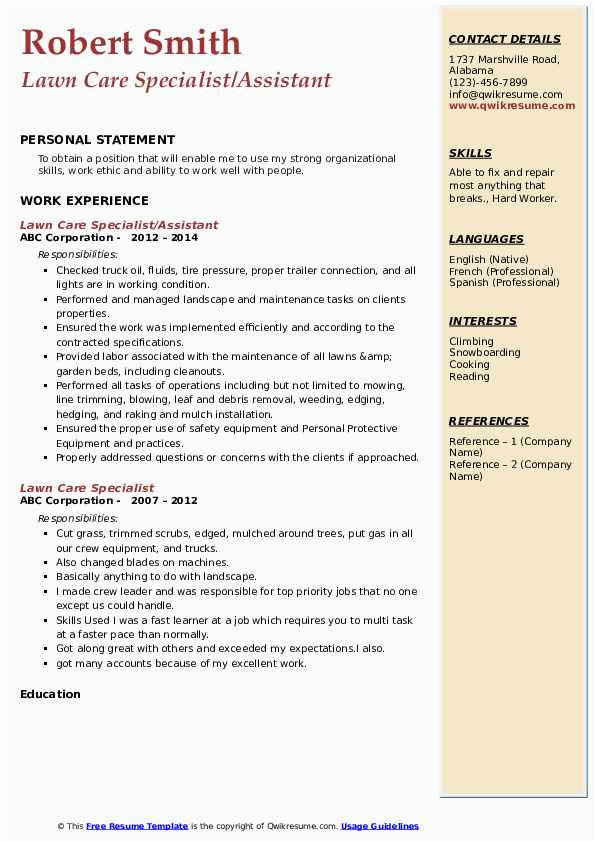 Sample Resume for Lawn Care Worker Lawn Care Specialist Resume Samples