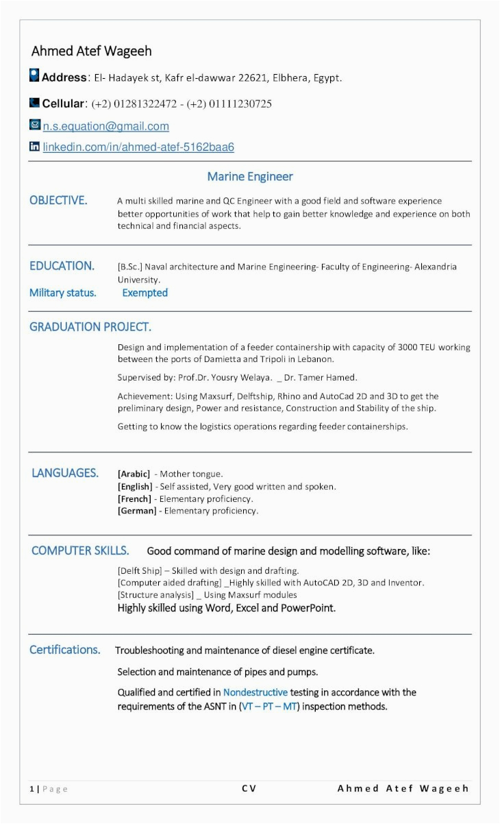 Sample Resume for Marine Engineering Cadet Marine Engineer Cv