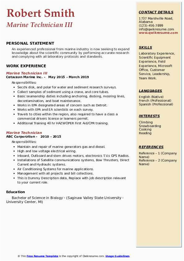Sample Resume for Marine Engineering Cadet Marine Technician Resume Samples