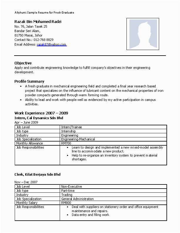 Sample Resume for Mechanical Engineer Fresh Graduate Mechanical Engineering Resume for Fresh Graduate Pdfsimpli