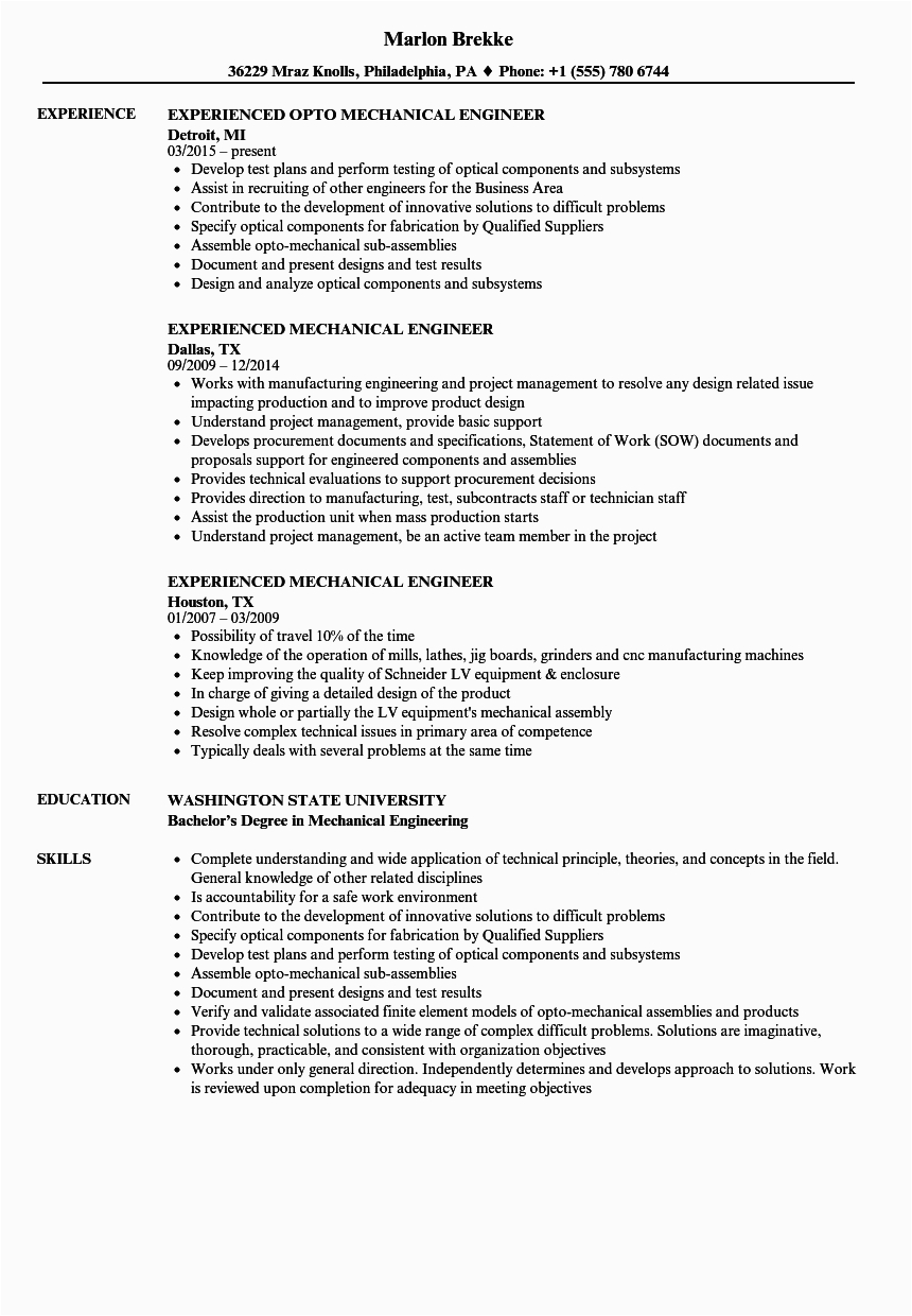 Sample Resume for Mechanical Engineer with Experience Experienced Mechanical Engineer Resume Samples