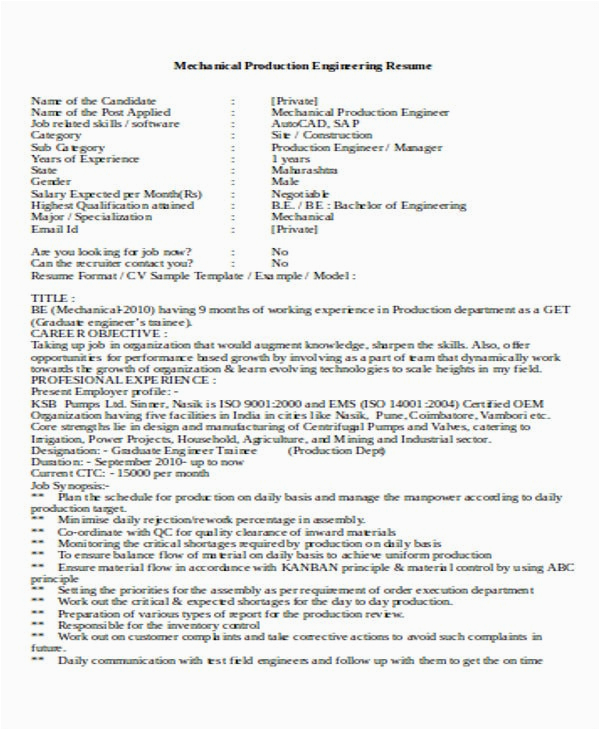Sample Resume for Mechanical Production Engineer 55 Engineering Resume Samples Pdf Doc