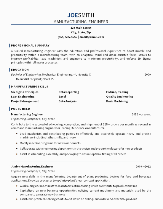 Sample Resume for Mechanical Production Engineer Manufacturing Engineer Resume Example Mechanical Engineering