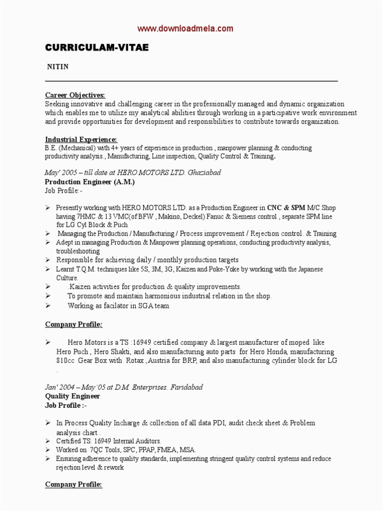 Sample Resume for Mechanical Production Engineer Mechanical Production Engineer Samphhhhhle Resume