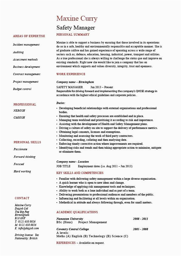 Sample Resume for Occupational Health and Safety Safety Manager Resume Sample Example Job Description