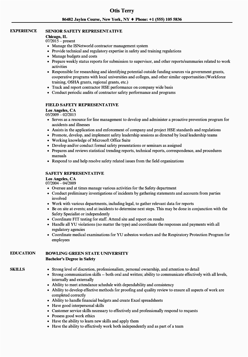 Sample Resume for Occupational Health and Safety Safety Representative Resume Samples