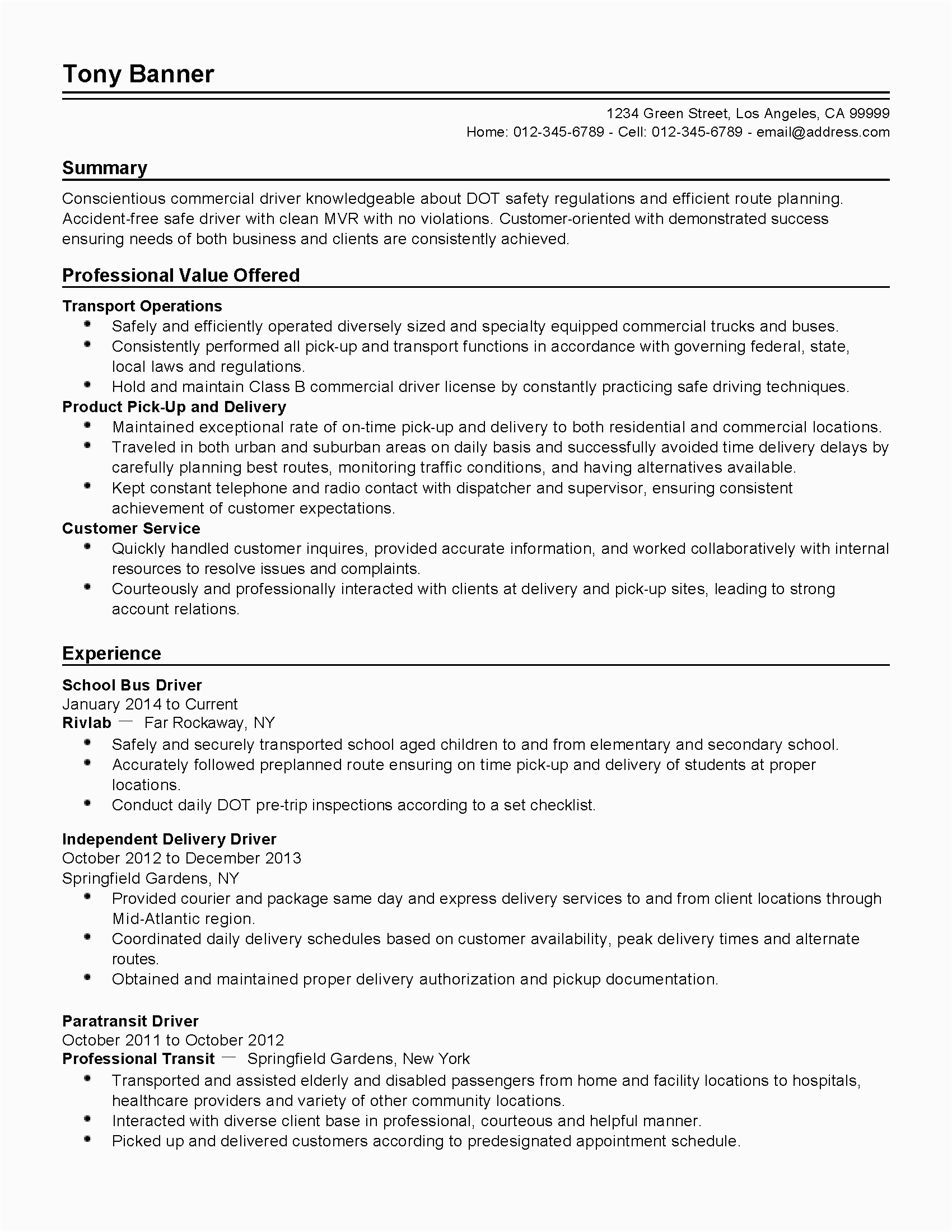 Sample Resume for School Bus Driver Position School Bus Driver Resume Example