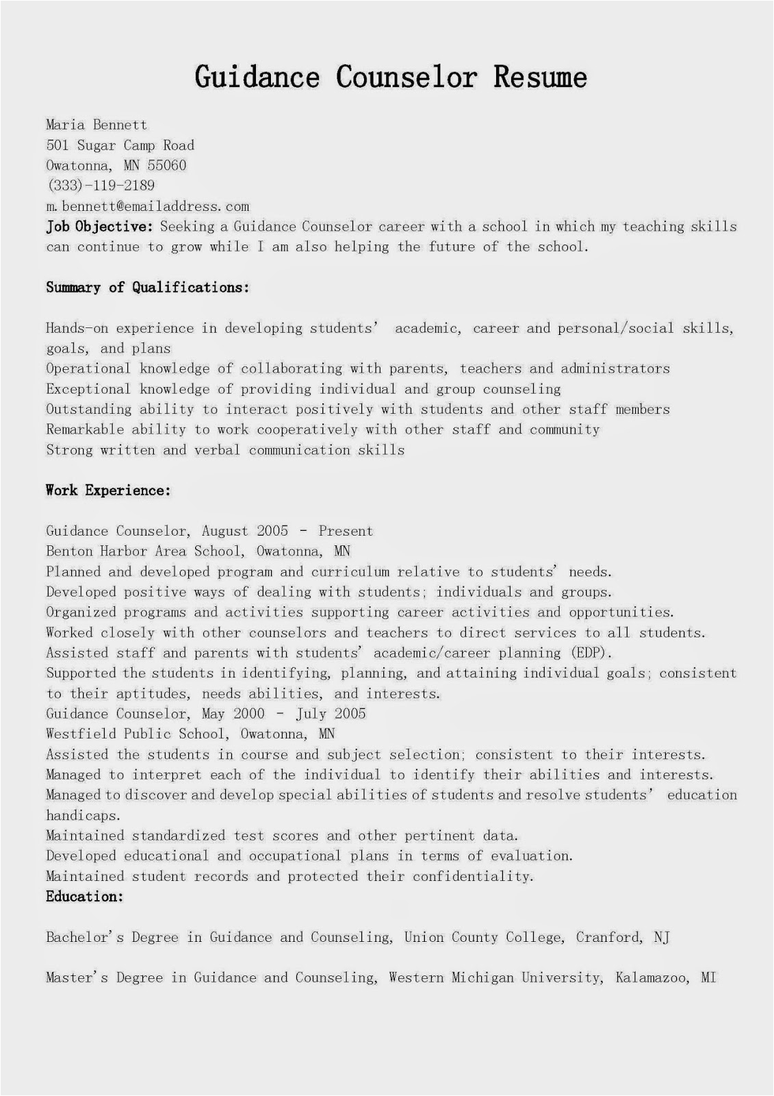 Sample Resume for School Counselor Position Resume Samples Guidance Counselor Resume Sample