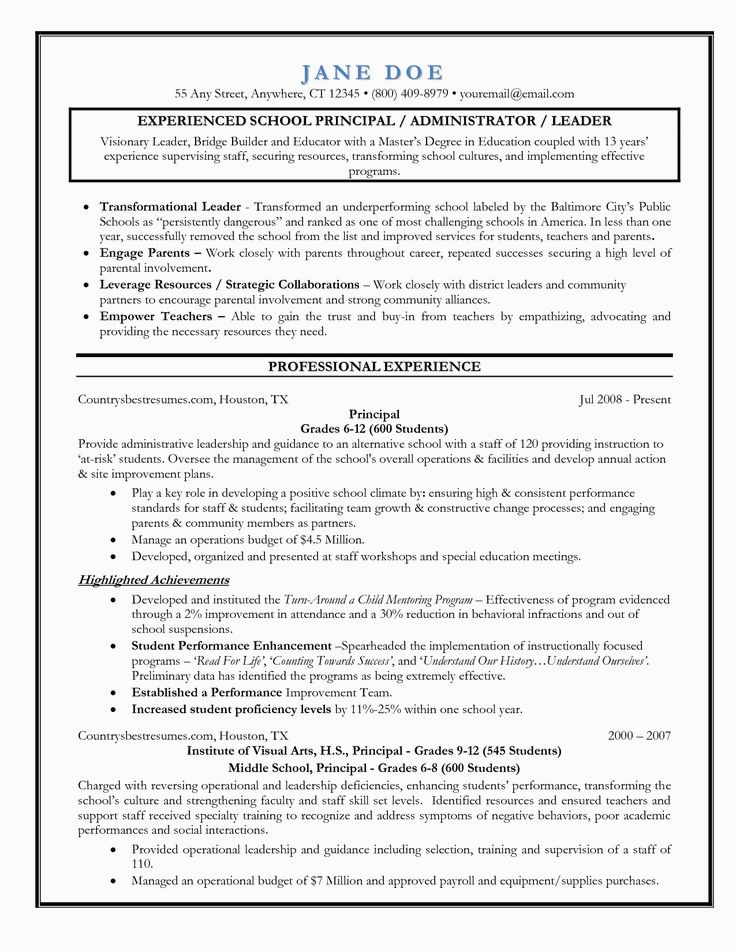 Sample Resume for School Principal Position In India Entry Level assistant Principal Resume Templates