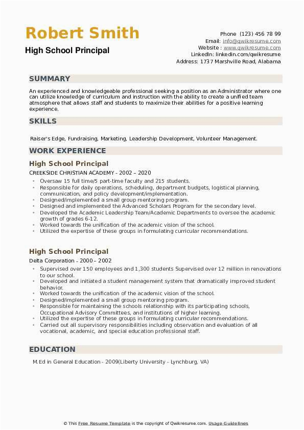 Sample Resume for School Principal Position In India High School Principal Resume Samples