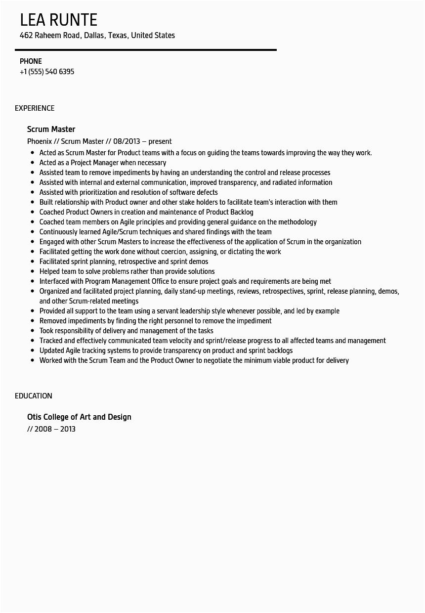 Sample Resume for Scrum Master Role Agile Scrum Master Resume Free Resume Templates