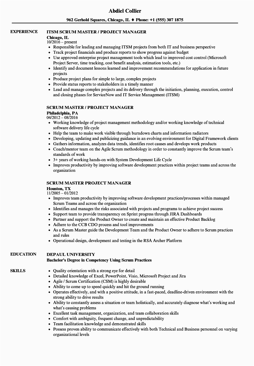 Sample Resume for Scrum Master Role Scrum Master Project Manager Resume Samples