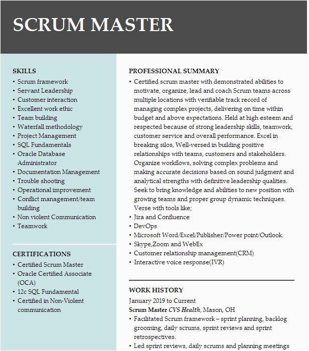 Sample Resume for Scrum Master Role Scrum Master Resume Example Capital E Financial Corp