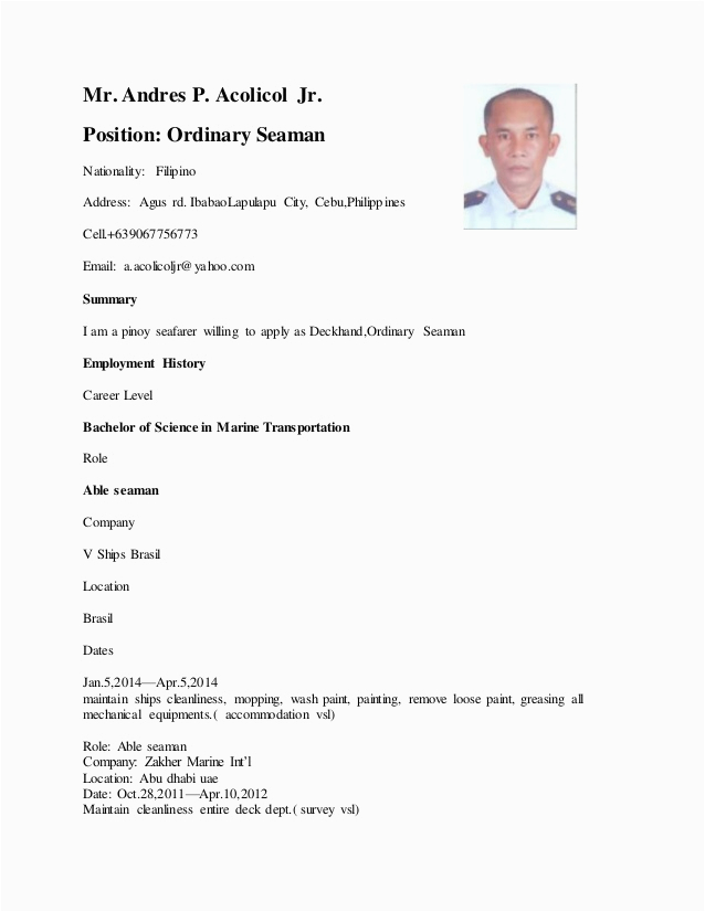 Sample Resume for Seaman Engine Cadet Curriculum Vita Cv format for Seaman Best Resume Examples
