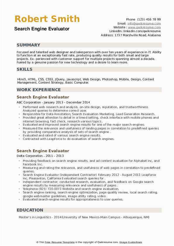 Sample Resume for Search Engine Evaluator Search Engine Evaluator Resume Samples