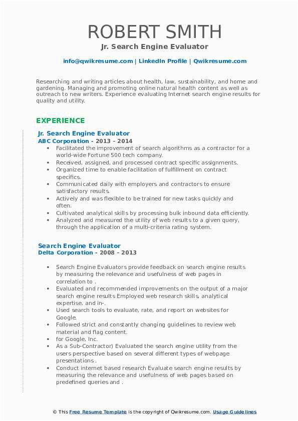 Sample Resume for Search Engine Evaluator Search Engine Evaluator Resume Samples