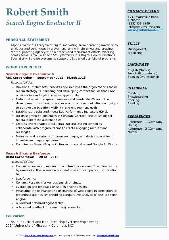 Sample Resume for Search Engine Evaluator Search Engine Evaluator Resume Samples