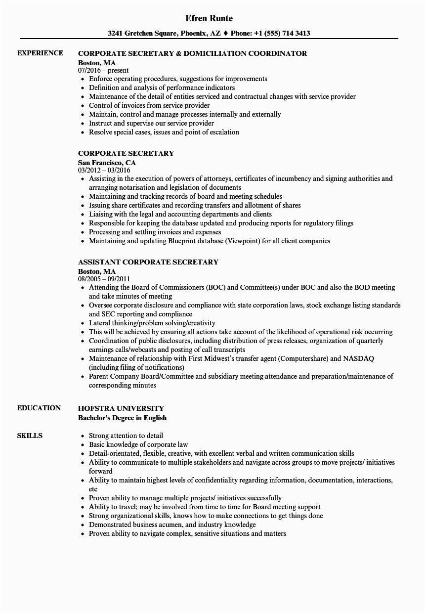 Sample Resume for Secretary Of the Company Corporate Secretary Resume Samples