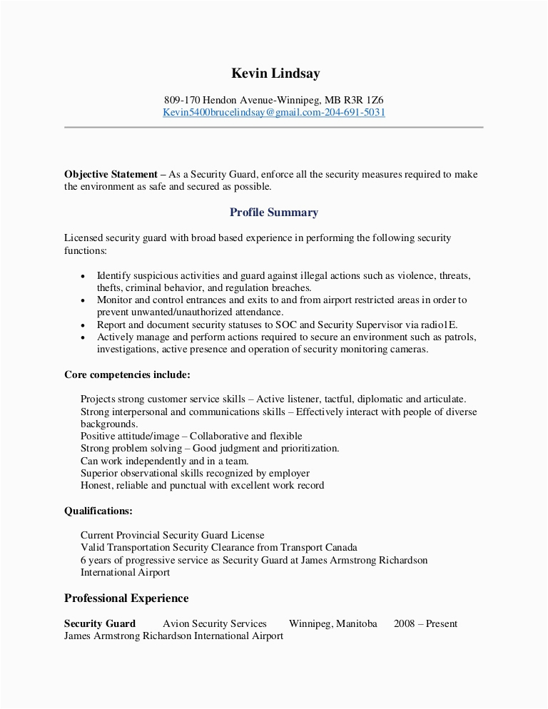 Sample Resume for Security Guard No Experience Kevin Lindsay Security Guard Resume 8