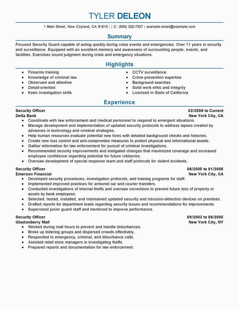 Sample Resume for Security Officer In India Best Security Ficer Resume Example From Professional