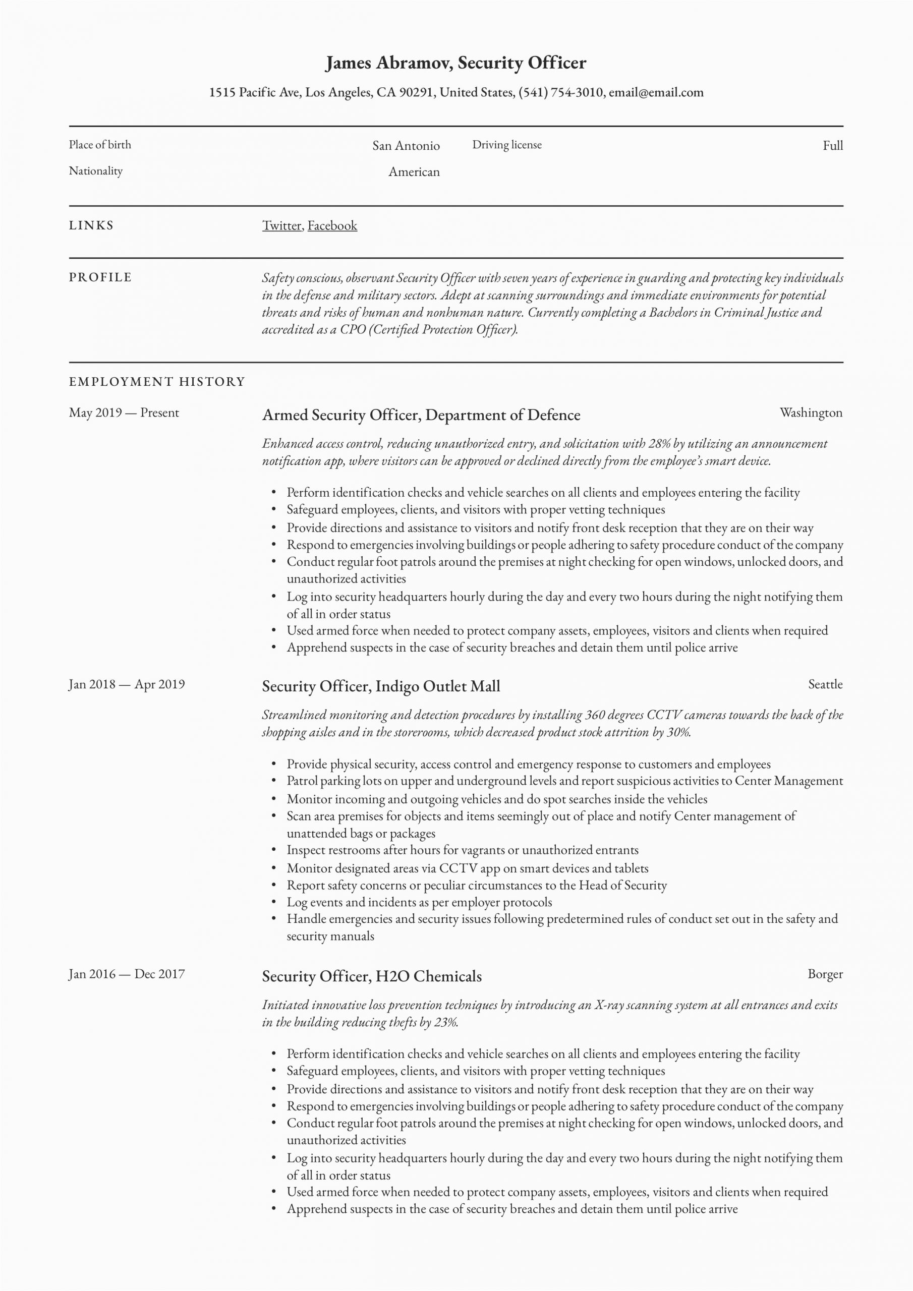 Sample Resume for Security Officer In India Security Ficer Resume & Writing Guide