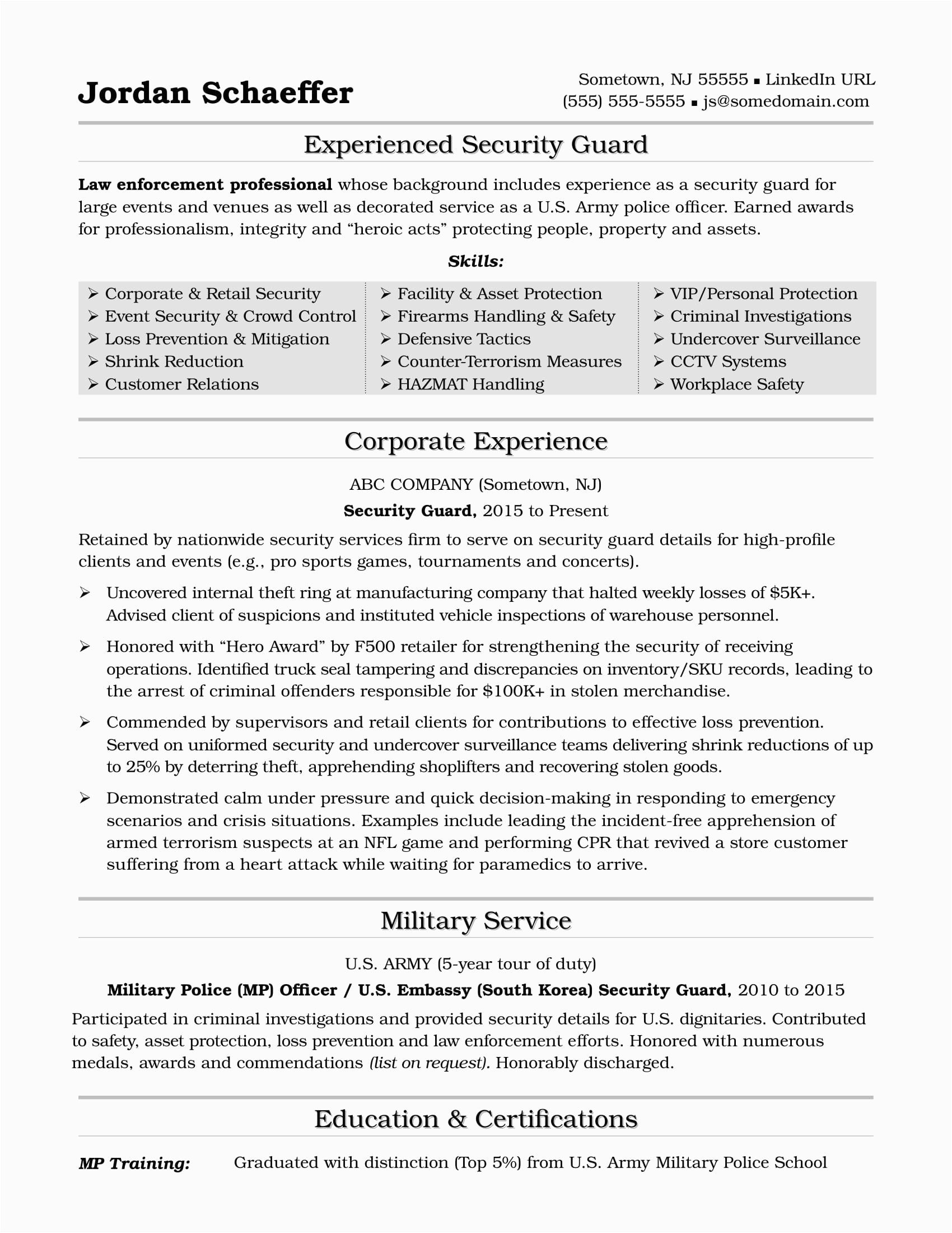 Sample Resume for Security Officer In India Security Guard Resume Sample