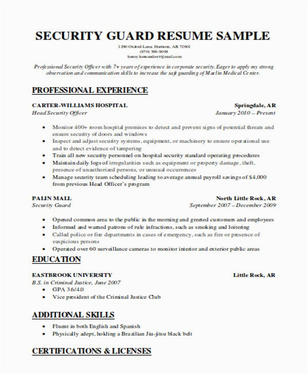 Sample Resume for Security Officer In India Security Guard Resumes 10 Free Word Pdf format