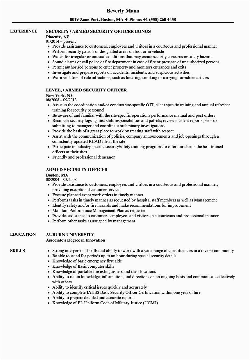 Sample Resume for Security Officer Position Armed Security Ficer Resume Samples