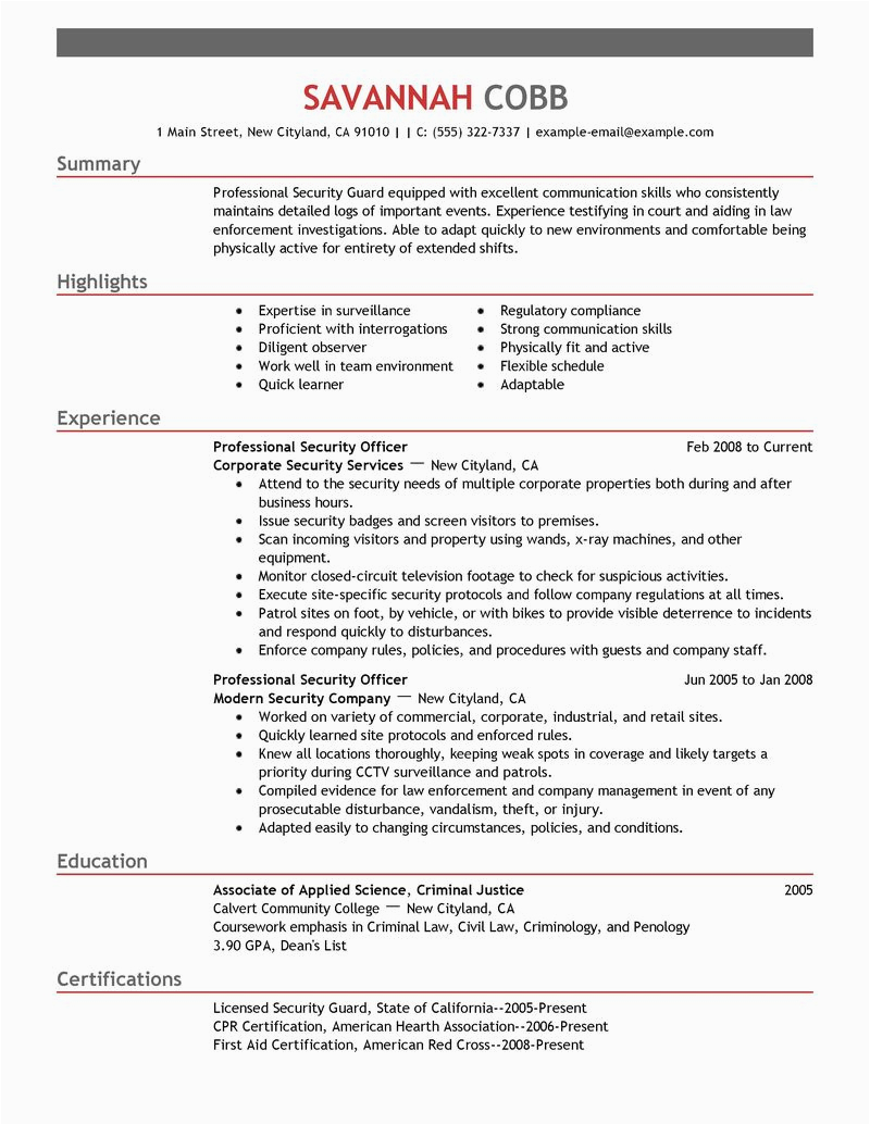 Sample Resume for Security Officer Position Sample Resume for Security Ficer
