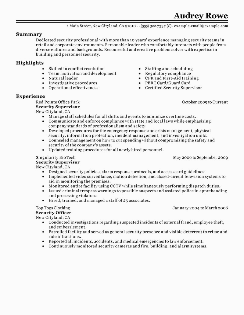 Sample Resume for Security Officer Supervisor Best Security Supervisor Resume Example