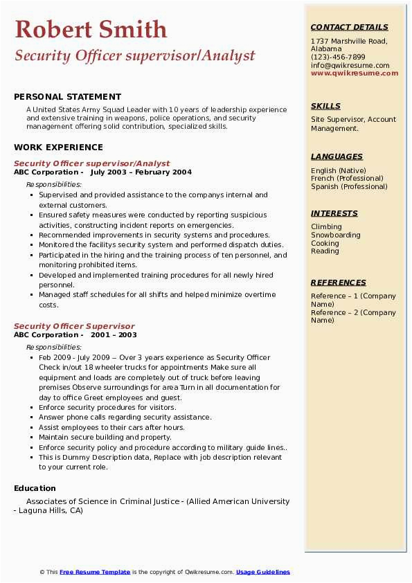 Sample Resume for Security Officer Supervisor Security Ficer Supervisor Resume Samples