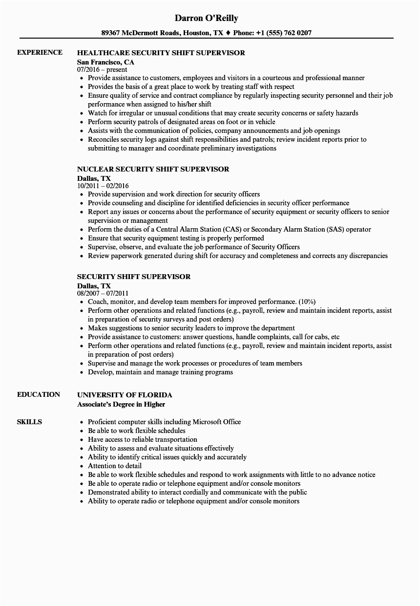 Sample Resume for Security Officer Supervisor Security Shift Supervisor Resume Samples