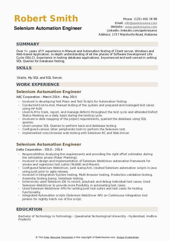 Sample Resume for Selenium 1 Year Experience Selenium Automation Engineer Resume Samples
