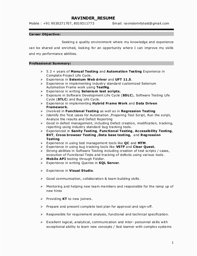 Sample Resume for Selenium 1 Year Experience Selenium Resume
