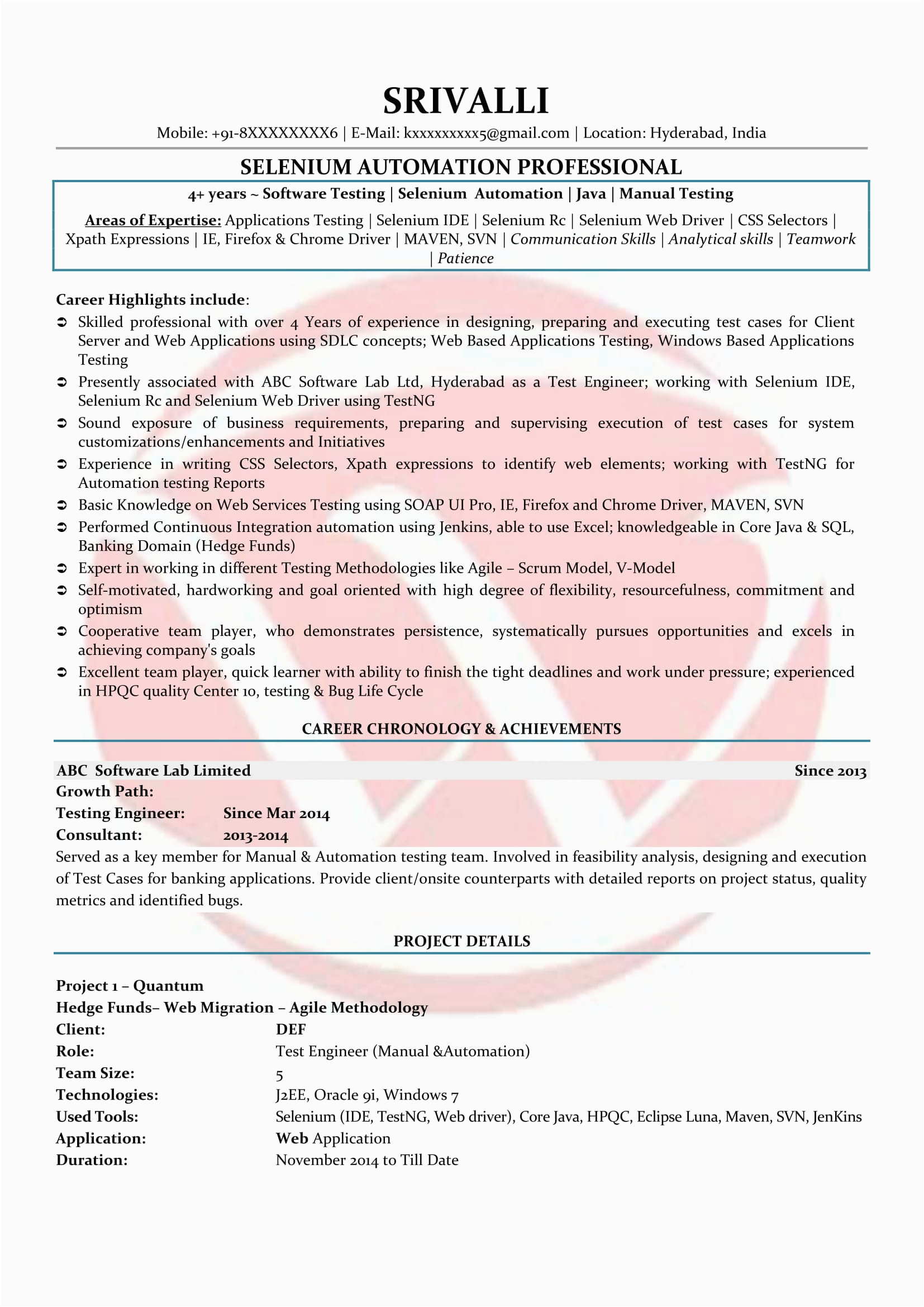 Sample Resume for Selenium 1 Year Experience Selenium Sample Resumes Download Resume format Templates